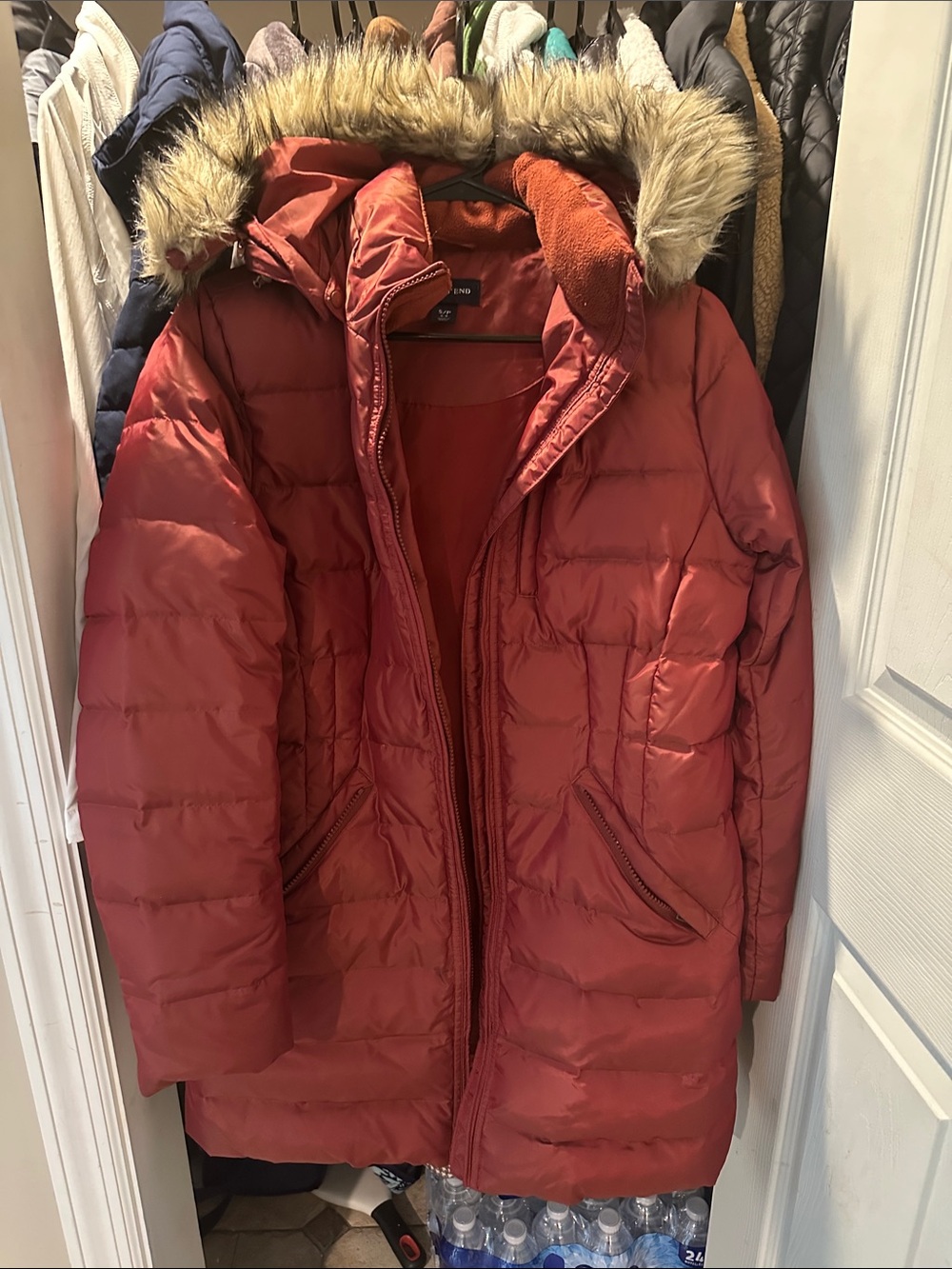 Lands End Women's Red Quilted Puffer Coat with Faux Fur Hood